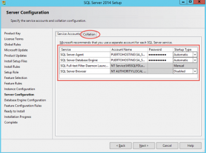 Ilustración 10 – Instalación de SQL Server | Configuración de Usuarios de Servicio para SQL Server: Motor, Agente, Indexador y Browser.