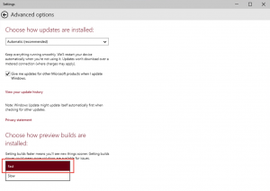 Ilustración 3 – Configuración de Windows Update para recibir los últimos Builds de Windows 10 (Fast Ring).