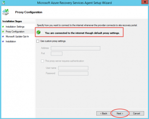 Ilustración 8 – Instalación de Agente de Azure Backup en Windows Server. Configuración de Proxy.