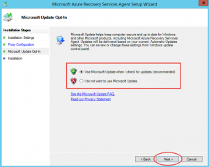 Ilustración 9 – Instalación de Agente de Azure Backup en Windows Server. Configuración de Microsoft Update.