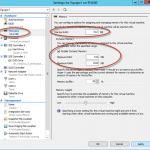 Ilustración 18 – Hyper-V Manager en Windows Server 2012. Modificación (edición) de un equipo virtual: modificación de memoria RAM y límites.